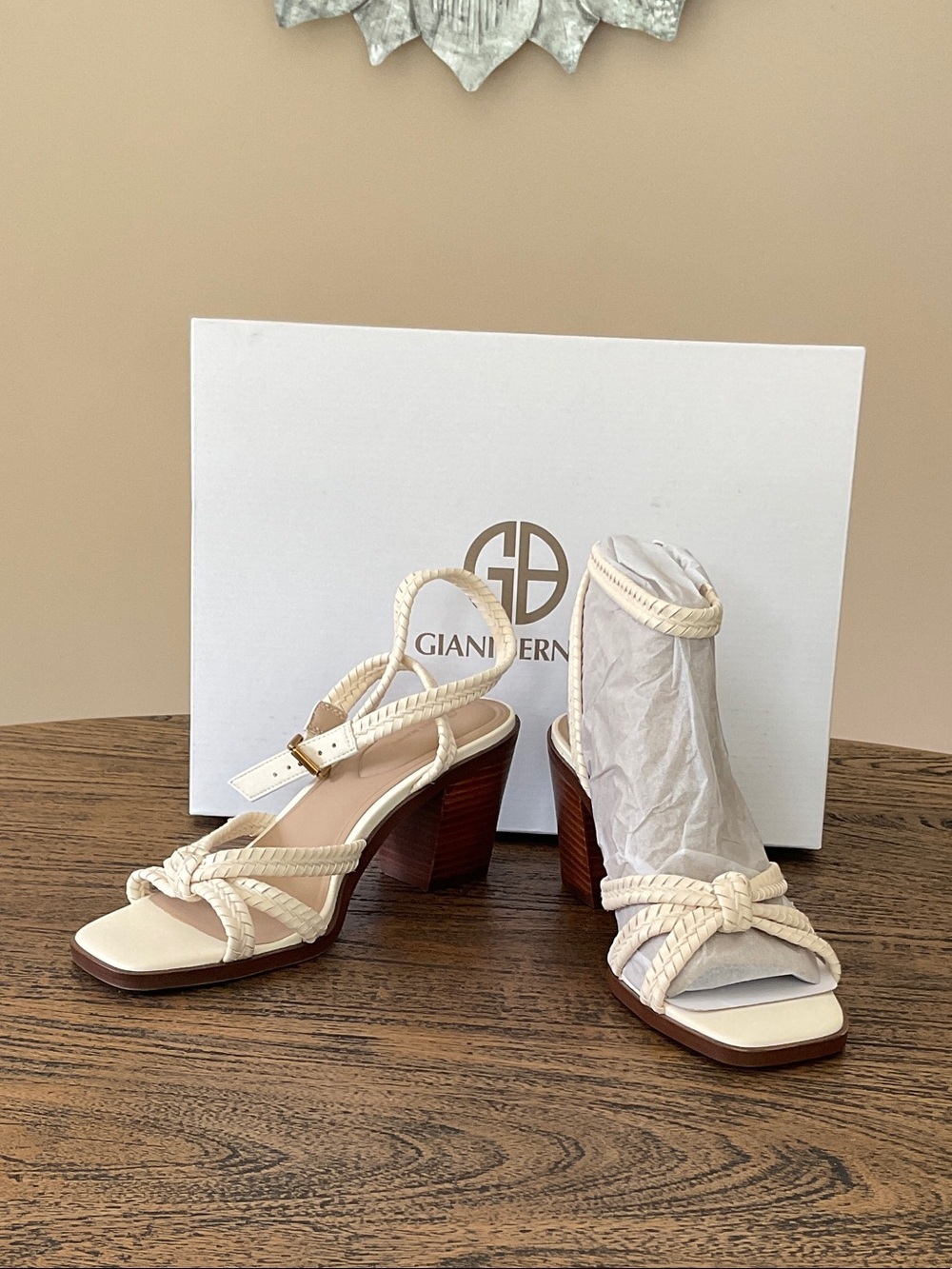 Giani Bernini Cream Braided Leather Block Heel Sandals